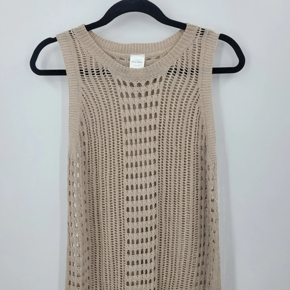 Cha‎ Cha Vente Beach Resort Tan Crochet Maxi Dress Swim Cover-Up Sz M Side Slits